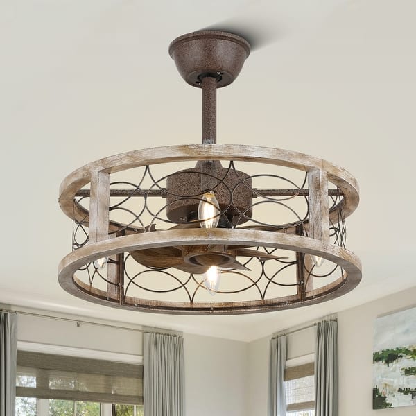 slide 2 of 11, 18" Ceiling Fan Light, 4-Light Farmhouse Antique Wood Light, Quiet Motor w 3 Speed & Aged Steel Frame for Bedroom, Dining Room Rustic Finish  - Dimmer Switch/Remote/3-way