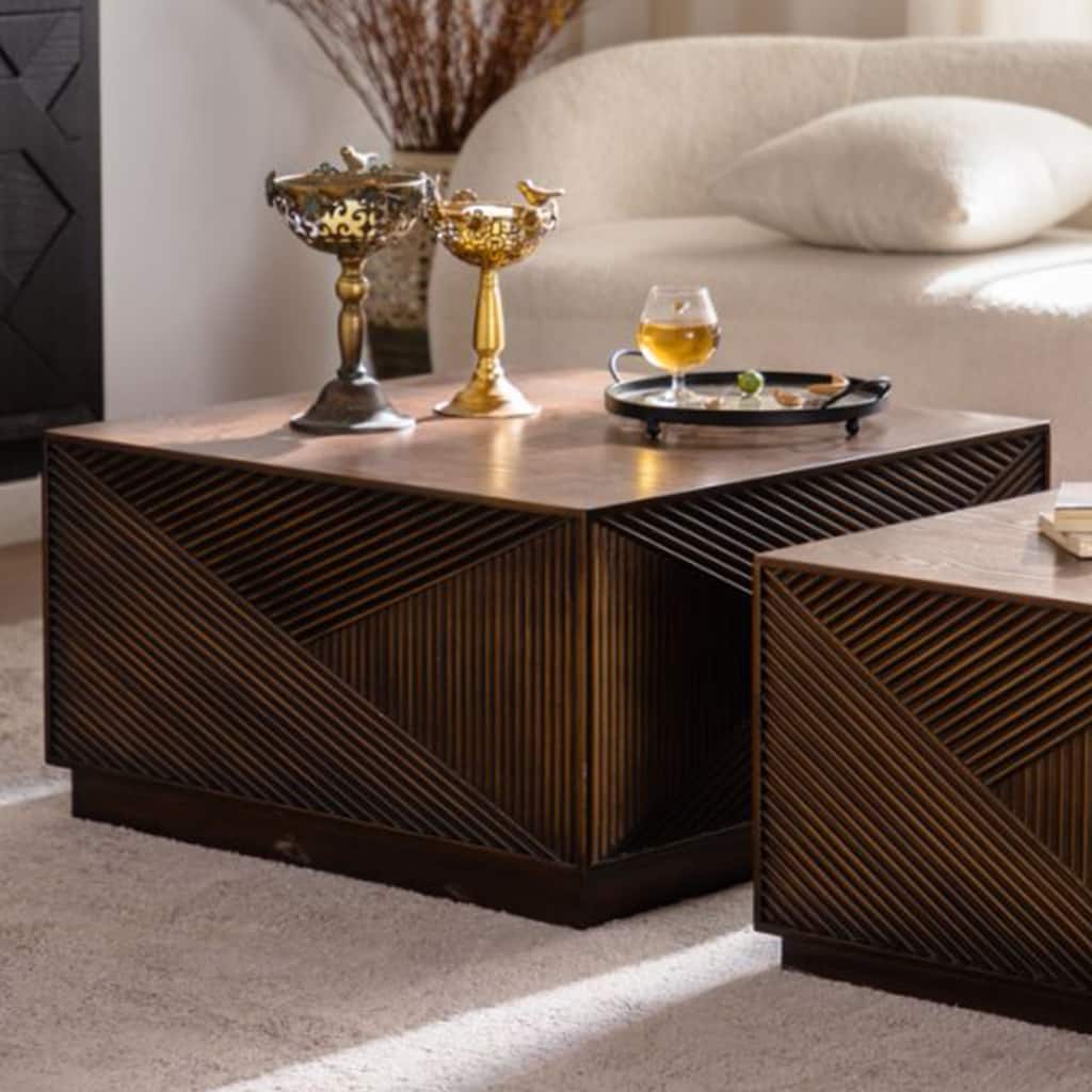 GDFStudio - Modern Square Coffee Table with H-Shape Base - Walnut Finish