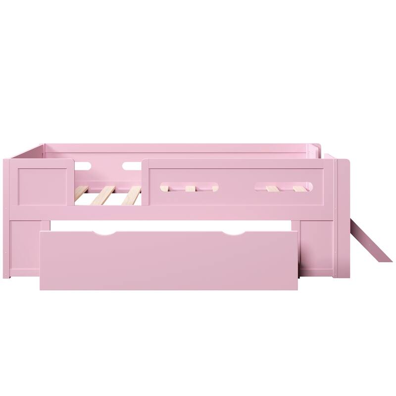 Roomfitters Full/Twin Size Wood Platform Bed with Underbed Storage Drawer and Safety Guardrails, Modern Low Loft Frame