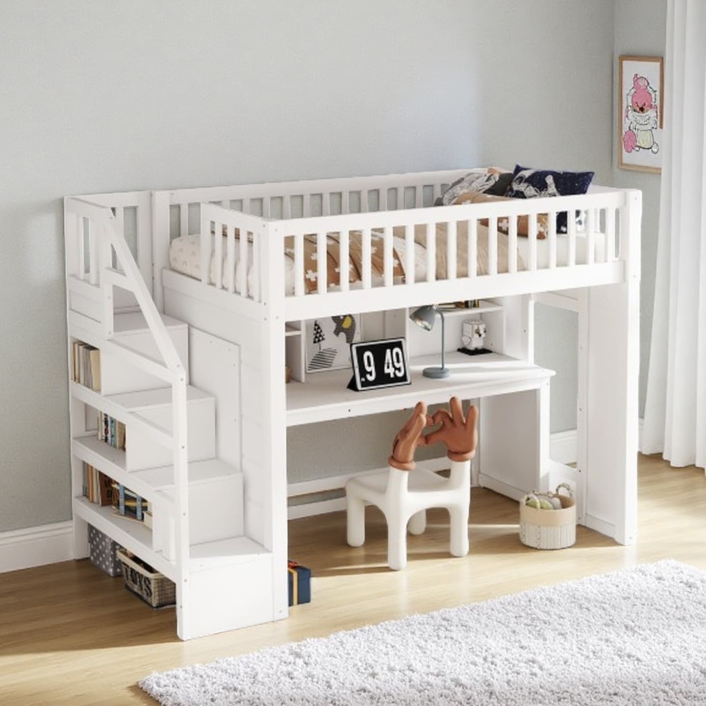 Solid Wood Full Size Loft Bed with Movable Desk, Storage Shelves, and Safety Guardrails, Storage Stairs