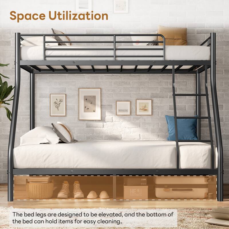 Metal Bunk Bed, Twin Over Full Size Support for Adults Teens, Black