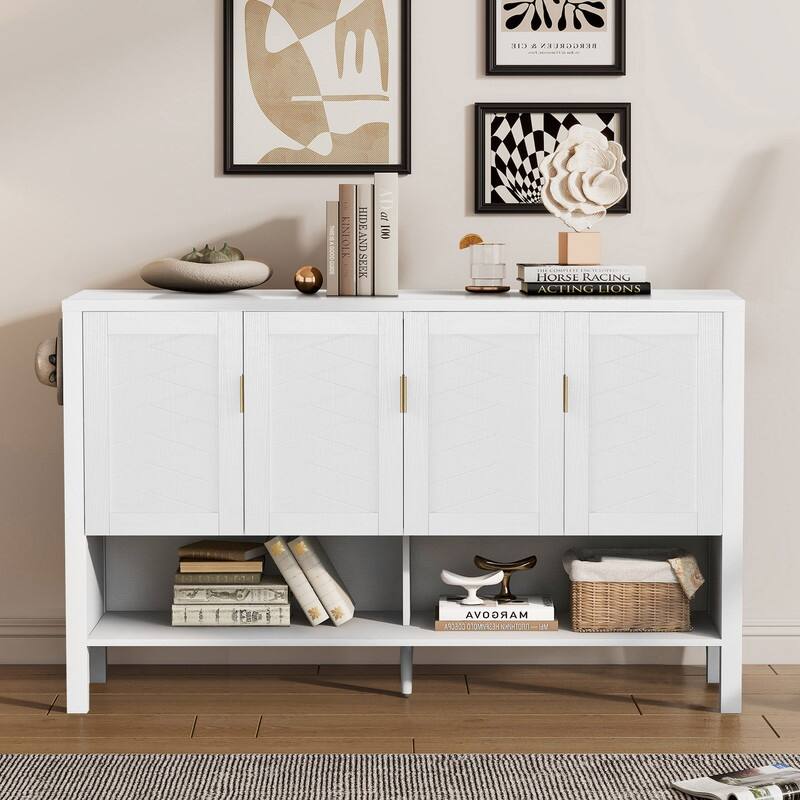 Modern 55.1" Storage Sideboard with 4-Doors, Multi Functional Buffet Table with Open Shelf and Adjustable Shelves - White
