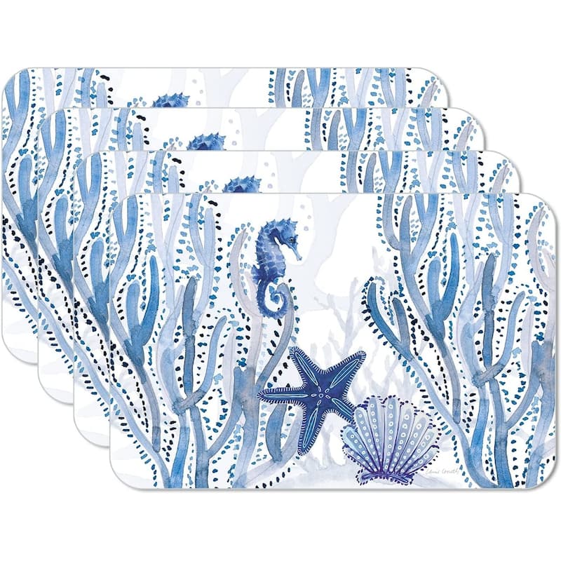 CounterArt Indigo Coastal Reversible Easy Care Flexible Plastic Placemat, 4 Pack, Made in The USA - Set of 4