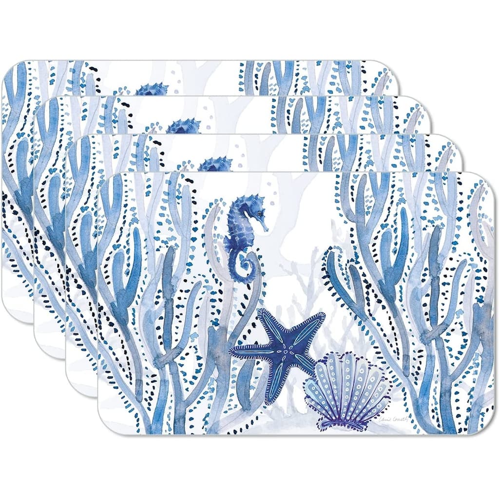 CounterArt Indigo Coastal Reversible Easy Care Flexible Plastic Placemat, 4 Pack, Made in The USA