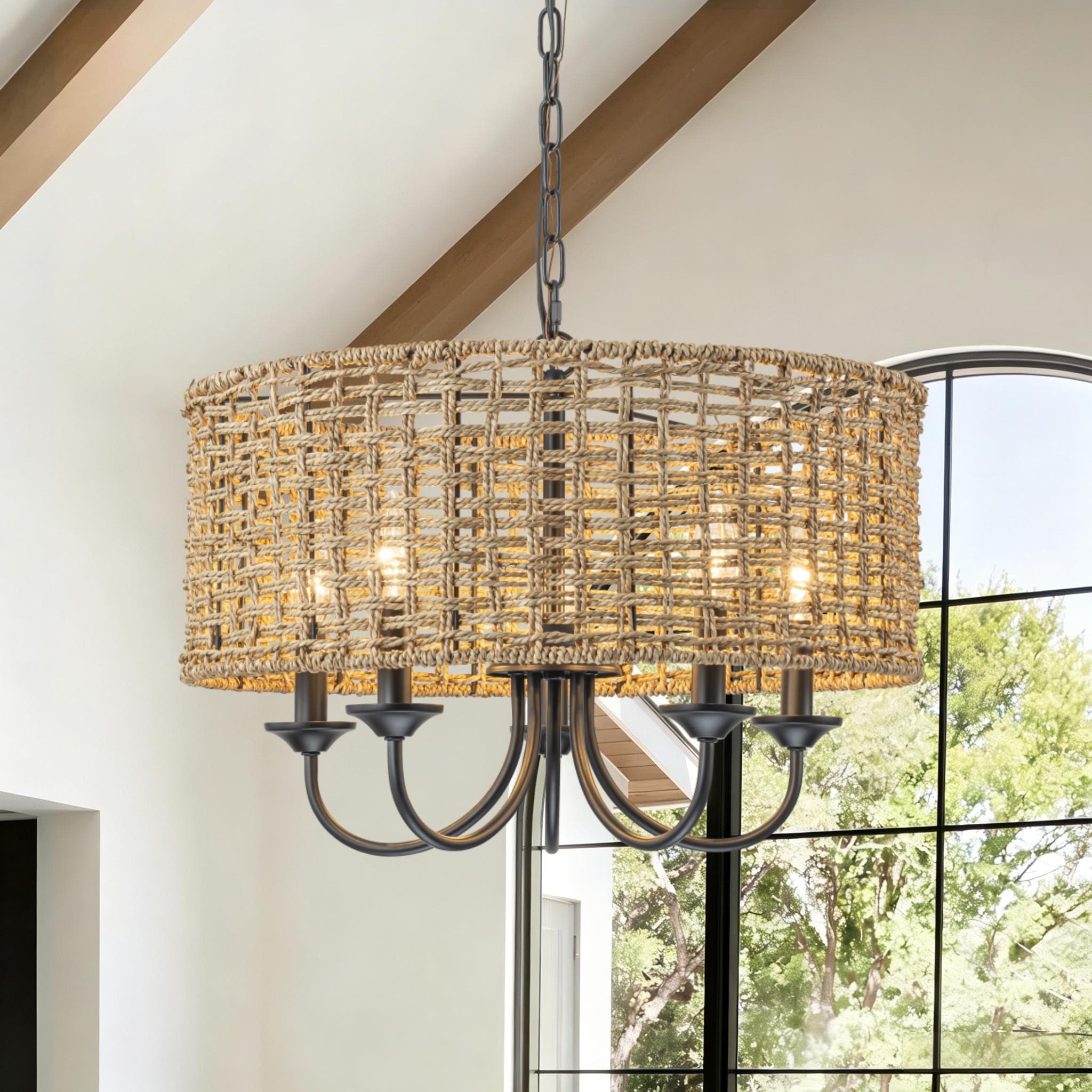 Rennnsan 5-Light Farmhouse Woven Rattan Drum Chandelier for Dining Room - 19.6 in. W x 8.2 in. H