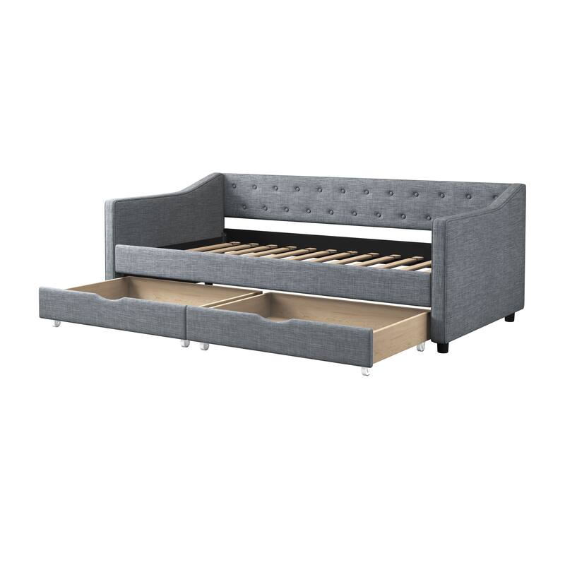 Linen Upholstered Daybed with 2 Drawers, Wooden Platform Sofa Bed Frame with Button Tufted Backrest, No Box Spring Needed