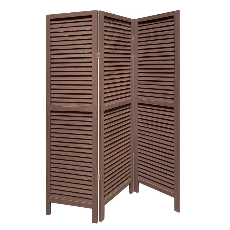 67 Inch 3 Panel Shutter Screen Room Divider, Fitted Slats, Washed Brown - Brown