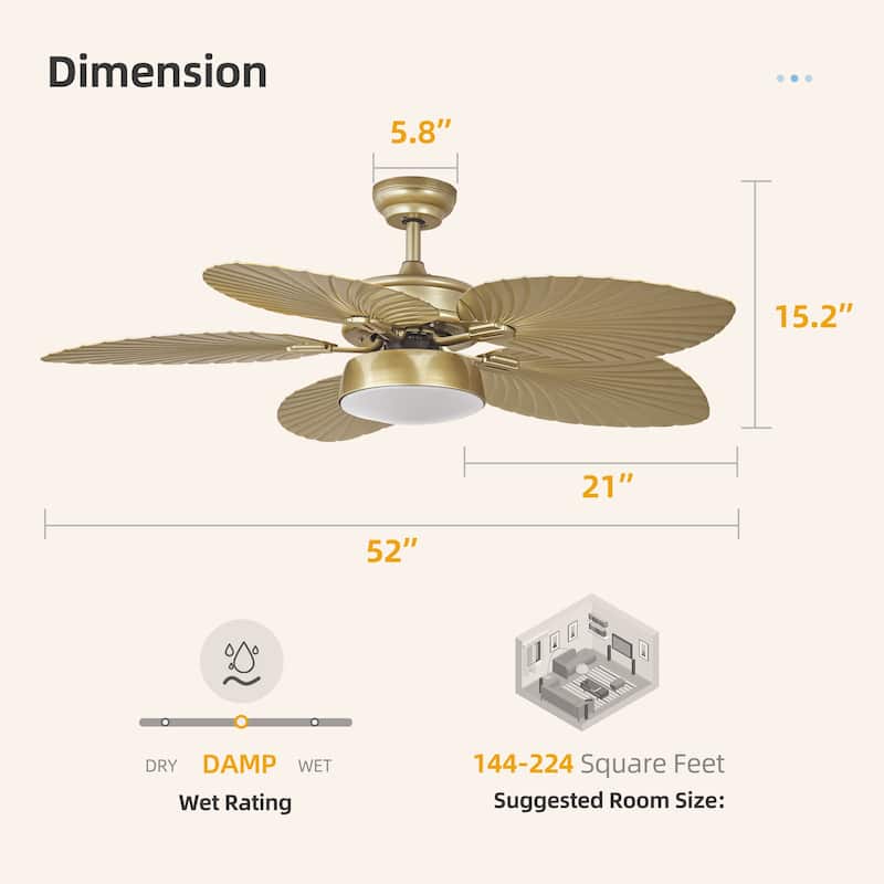 52" Moasis Palm Leaf Ceiling Fan LED Light Tropical Style with Remote