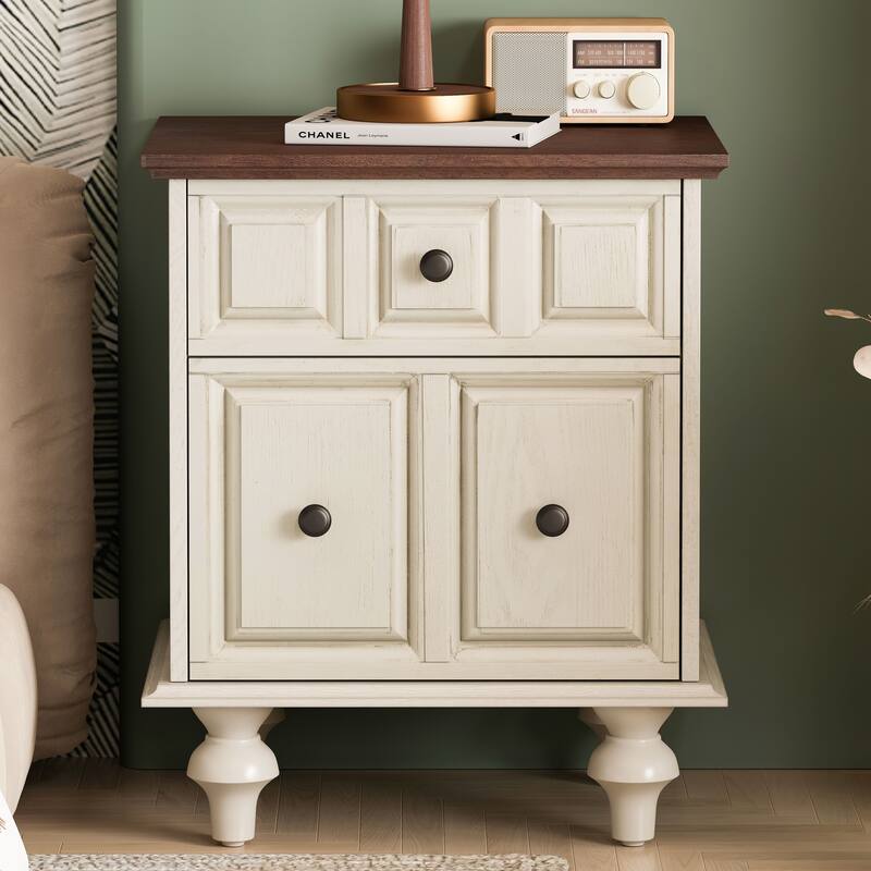 Vintage Nightstand with 2 Drawers and Roman Column Legs, Solid Wood Bedside End Table(Set of 2)