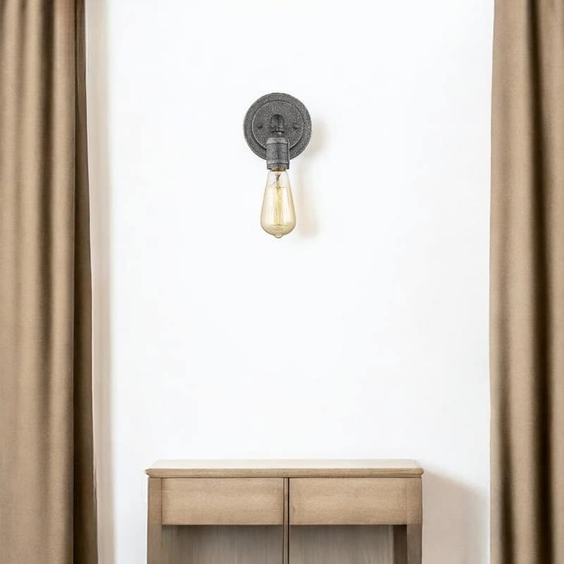Rustic Textured Grey Wall Sconce with Exposed Bulb and Flush Mount Steel Light Damp Location Rated - 6.25" H x 5.25" W x 5" D