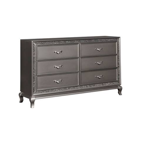 6 Drawer Wooden Dresser with Encrusted Crystal Accent, Silver
