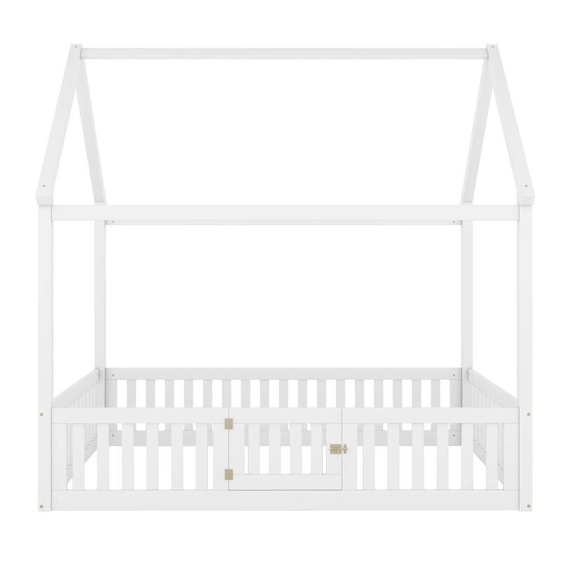 Full Size Kids House Bed Frame with Roof, Openable Door & Guardrail, Distressed White Wooden Playhouse Style Platform Bed