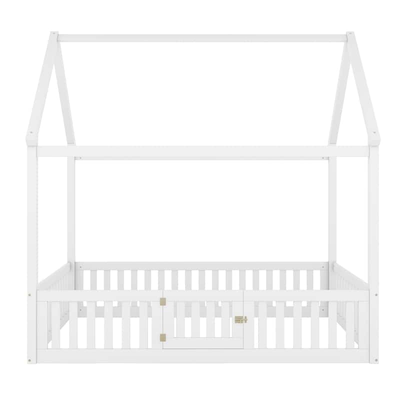Full-Size Wood House Bed Floor Guardrail Bed with Fence and Door
