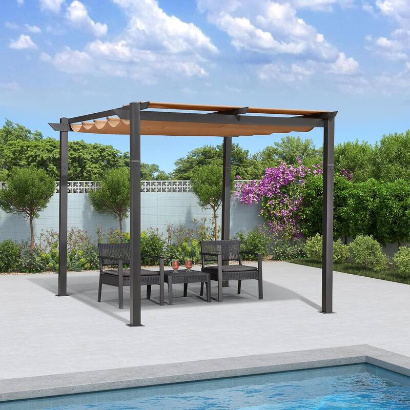 PURPLE LEAF Gazebo Outdoor Retractable White Heavy-Duty Aluminum Pergola with Extra Top Roof - 10' x 10' - Grey & Beige