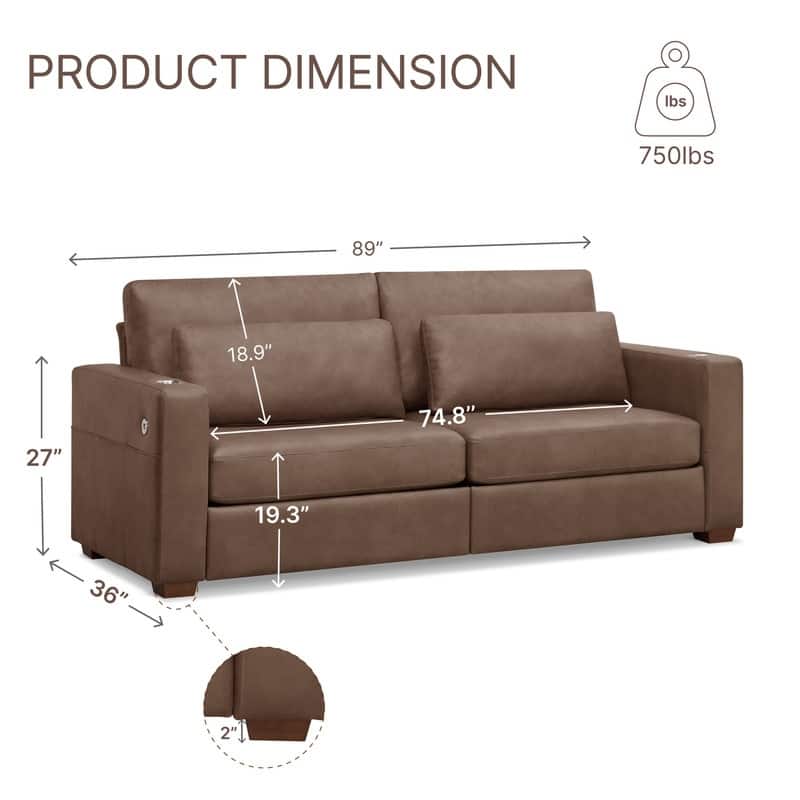 Spruce & Spring Ezra 89" Modern High Back Living Room Sofa with USB & Cup Holders