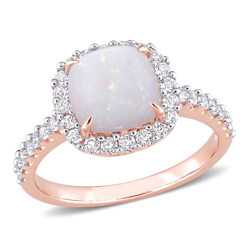Miadora 2 3/8ct TGW Cushion-Cut Opal White Topaz Halo Ring in 10k Rose Gold