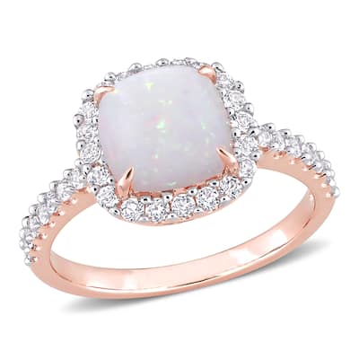 Miadora 2 3/8ct TGW Cushion-Cut Opal White Topaz Halo Ring in 10k Rose Gold