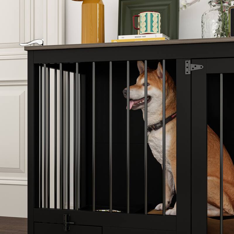 Dog Kennel with Bowls Drawers Divider Dog Crate for 1 Dog or 2 Dogs