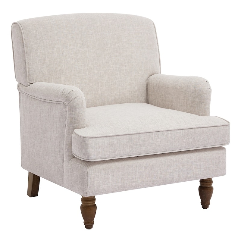 Upholstered Linen Fabric Armchair with Antique Solid Wood Legs