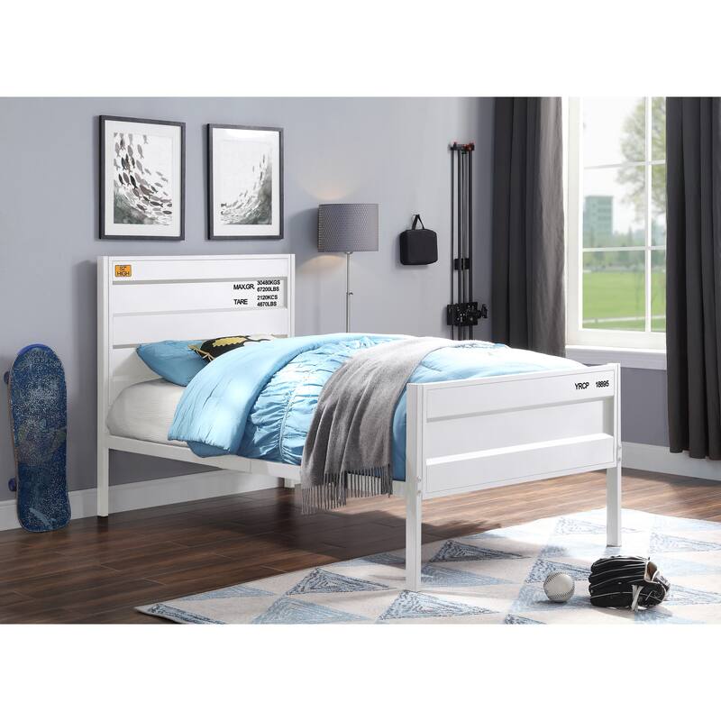 White Cargo Style Full Bed with Metal Frame and Recessed Panels - White