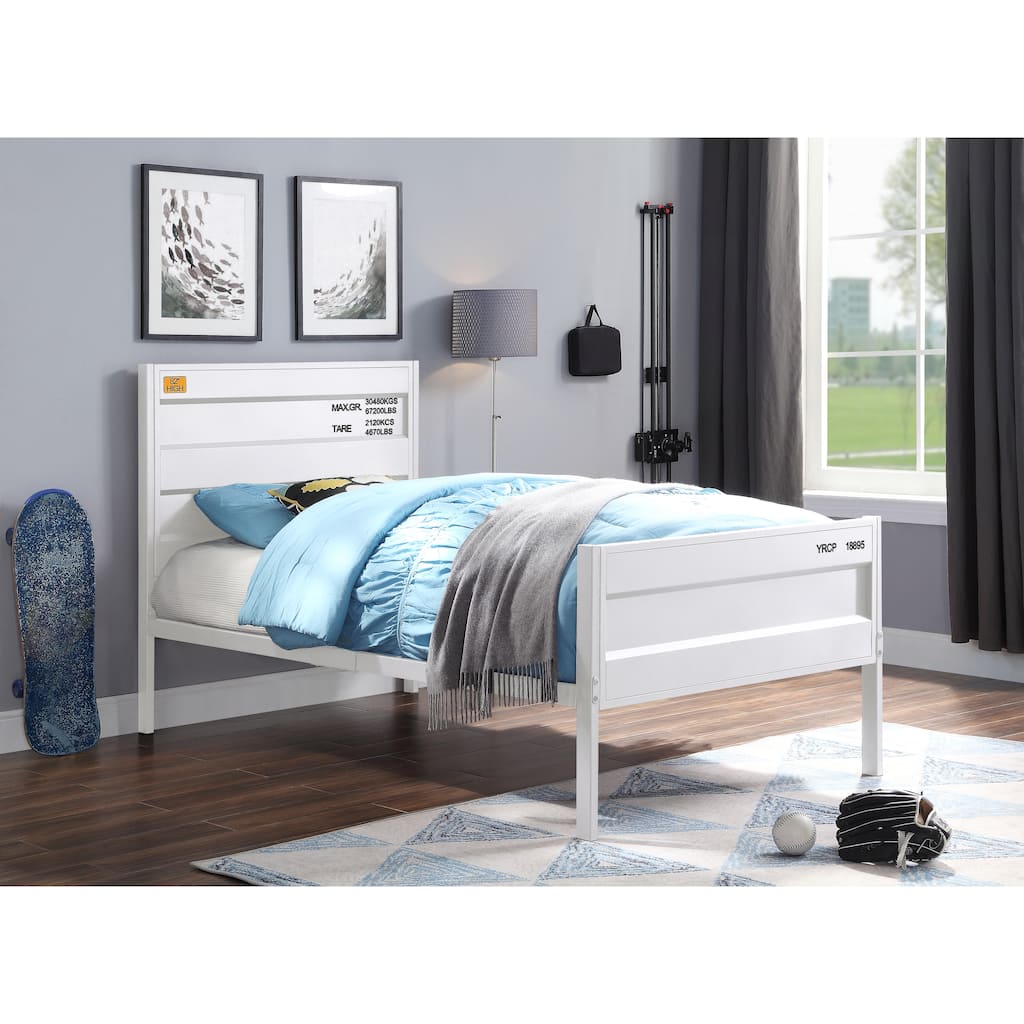 White Cargo Style Full Bed with Metal Frame and Recessed Panels