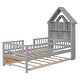 preview thumbnail 7 of 7, Grey Twin Size Pine Wood Platform Bed with House-Shaped Headboard and Pull-Out Trundle, Built-in Shelves and Fence Guardrails