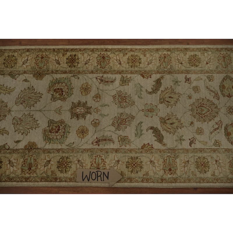 Hand Knotted Oriental 100% Wool Carpet Traditional Floral Beige & Ivories Peshawar Runner Rug - 13' 9'' X 2' 7''