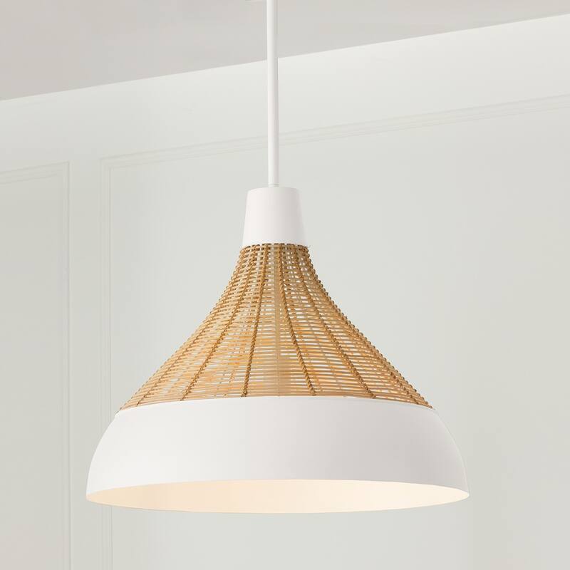 1-Light Boho Pendant in Matte White with Handcrafted Natural Rattan