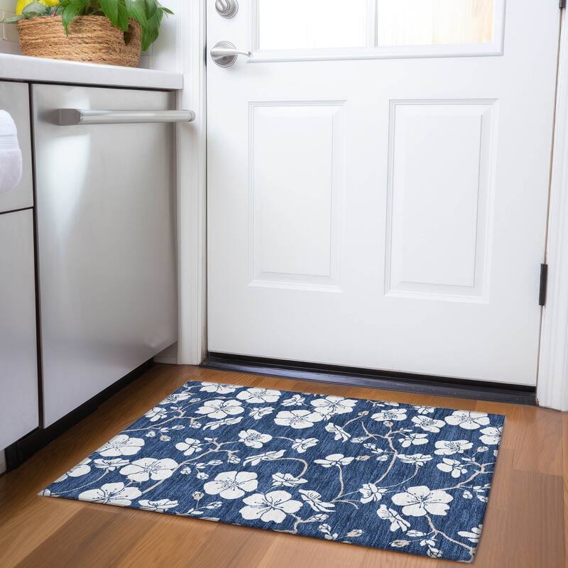Premium Washable Super Soft Modern Floral Mayfield Rug - Navy - 1'8" x 2'6"