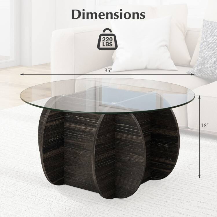 Black Tempered Glass Rubber Wood Round Coffee Table with Hidden Storage - 35" x 35" x 18"