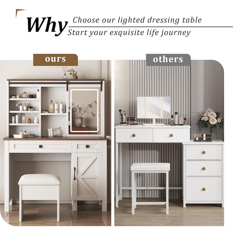 Makeup Vanity w/ Sliding Mirror,Light,Hairdryer Holder,Charging Socket