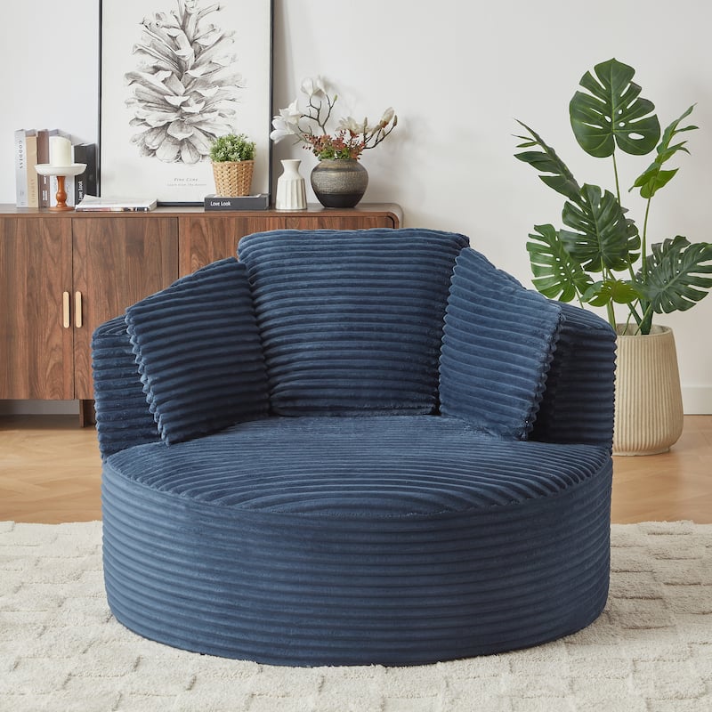 Compressible Corduroy Round Chair with Cushioned Backrest - Modern Comfort Seating for Living Room,Office,Apartment(no swivel) - Blue