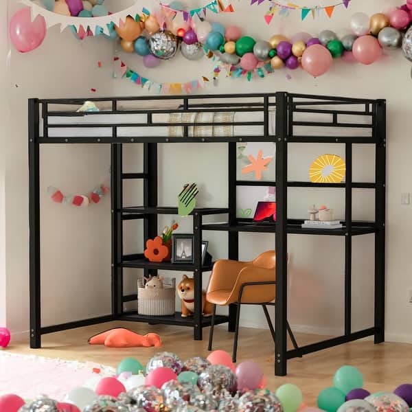 slide 2 of 9, Modern Full Size Loft Bed with Desk and Whiteboard with 3 Shelves and Ladder Black