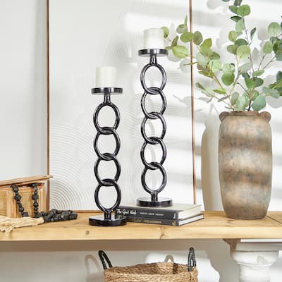 Dark Gray Aluminum Chain Link Geometric Candle Holder (Set of 2)