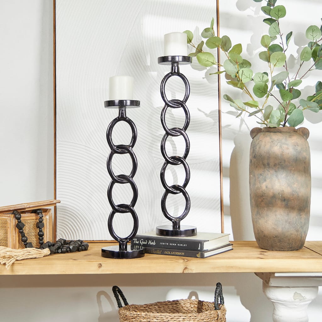 Dark Gray Aluminum Chain Link Geometric Candle Holder (Set of 2)