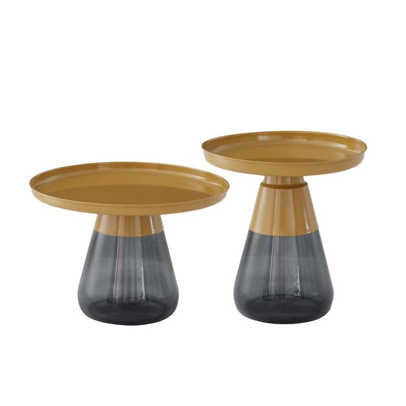 Gold Titanium Coffee Table Set of Two with Glass Base Modern Accent - 24x17 19x20 - 24x17 19x20 - Gold - Stainless Steel