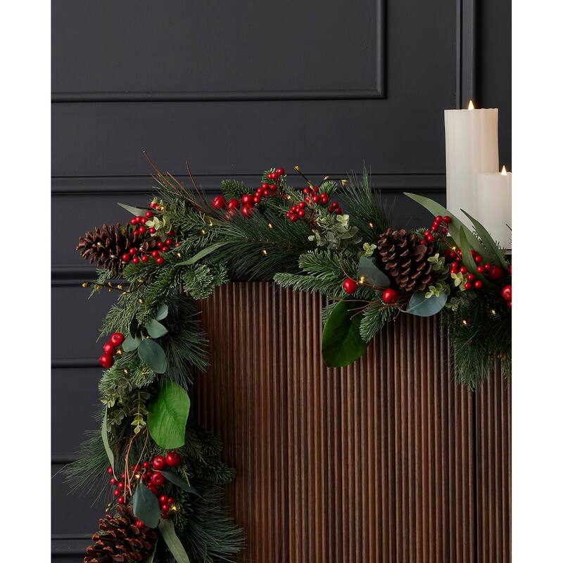 Magnolia Leaf, Eucalyptus, and Berry 9ft Garland, Pre-Lit with 50 LED Fairy Lights B/O