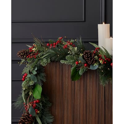 Magnolia Leaf, Eucalyptus, and Berry 9ft Garland, Pre-Lit with 50 LED Fairy Lights B/O