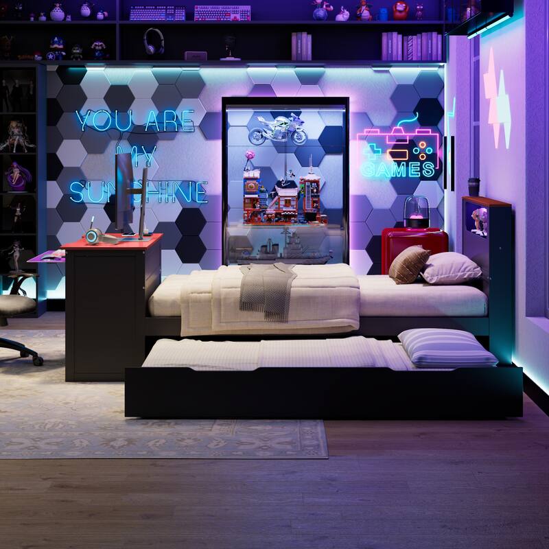 Wood Daybed with Trundle & Built-in Desk, LED Lights & USB Charging Port, Available in Full or Twin