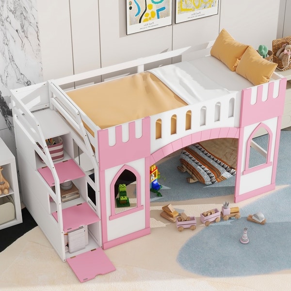 slide 2 of 30, Twin Size Loft Bed with Storage Staircase and Window, Wood Twin Loft Bunk Bedframe w/Full-Length Guardrail, No Box Spring Needed Pink