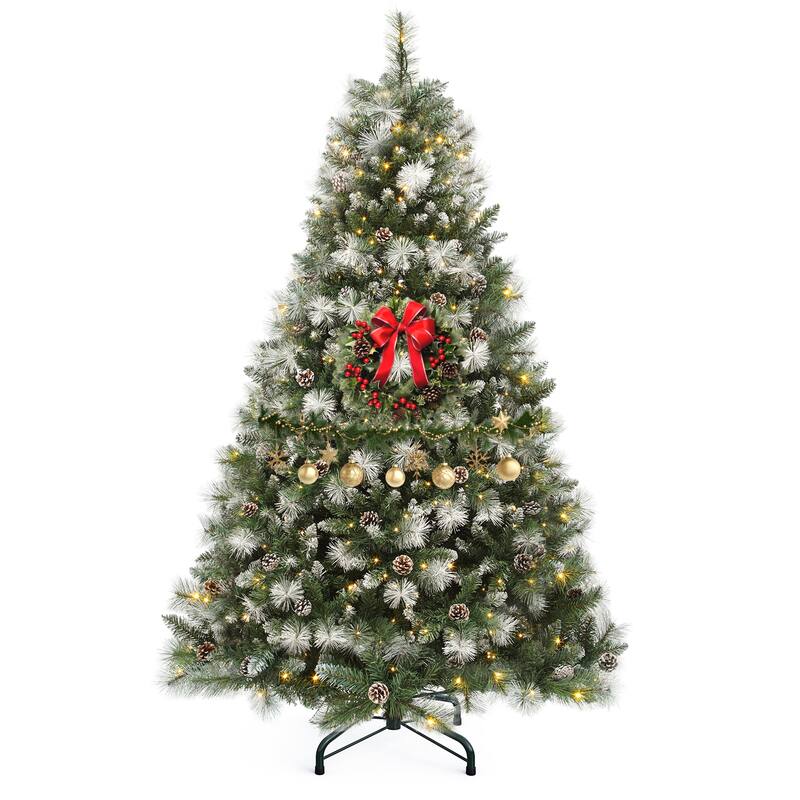 4.5/6ft Prelit & Pre-Decorated Scotch Pine Christmas Tree with Remote Control, Frosted Christmas Tree with Pine-Cones & Needles