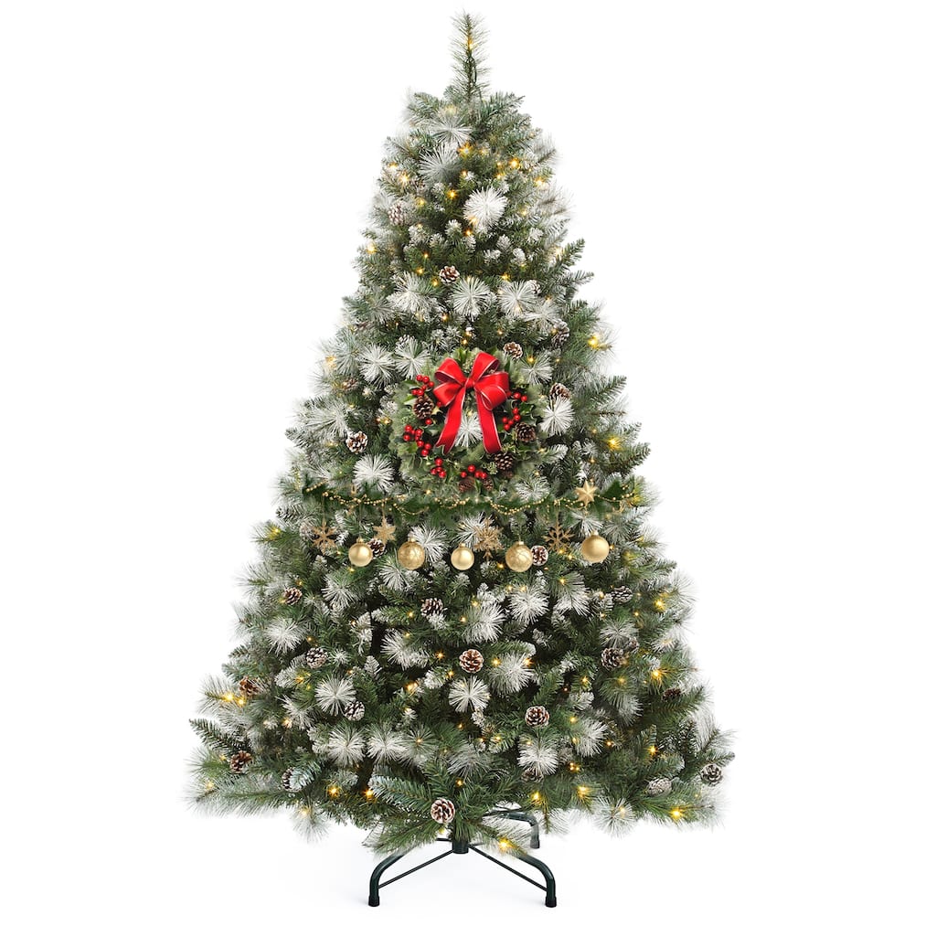 4.5/6ft Prelit & Pre-Decorated Scotch Pine Christmas Tree with Remote Control, Frosted Christmas Tree with Pine-Cones & Needles
