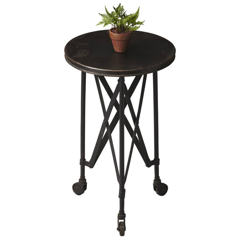 Modern Industrial Black Rolling Round End Table 23'' Distressed Iron Top 3-Leg Base Wheels Included - 14.25" x 14.25" x 23"