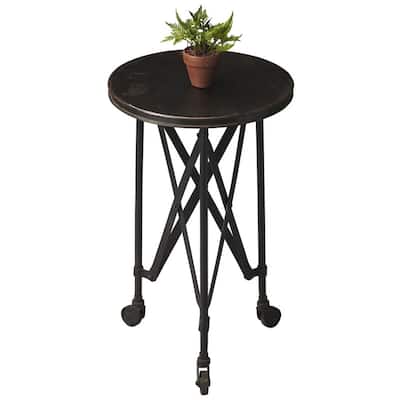 Modern Industrial Black Rolling Round End Table 23'' Distressed Iron Top 3-Leg Base Wheels Included - 14.25" x 14.25" x 23"