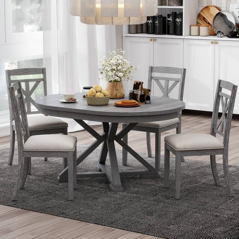 5-Piece Retro Extendable Round Dining Set with Upholstered Chairs by Harper&Bright Designs