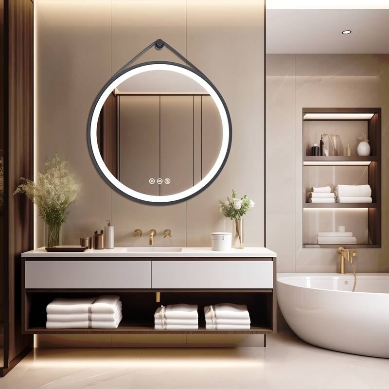 Round Black Framed Bathroom Mirrors Vanity Lighting with Microfiber Leather Hanging Strap