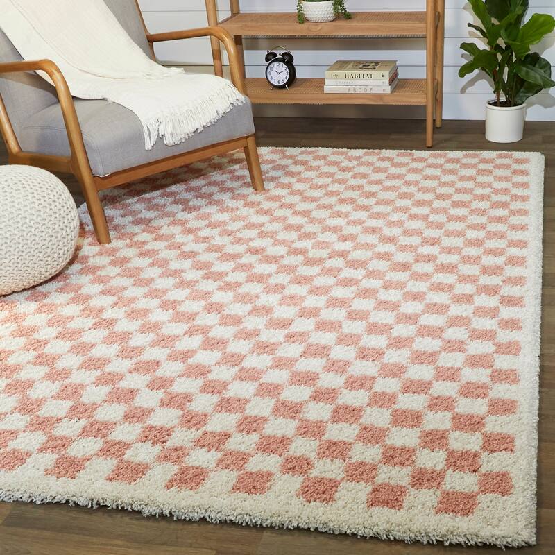 Covey Plush Checkered Thick Shag Area Rug - 5'3" x 7' - Pink