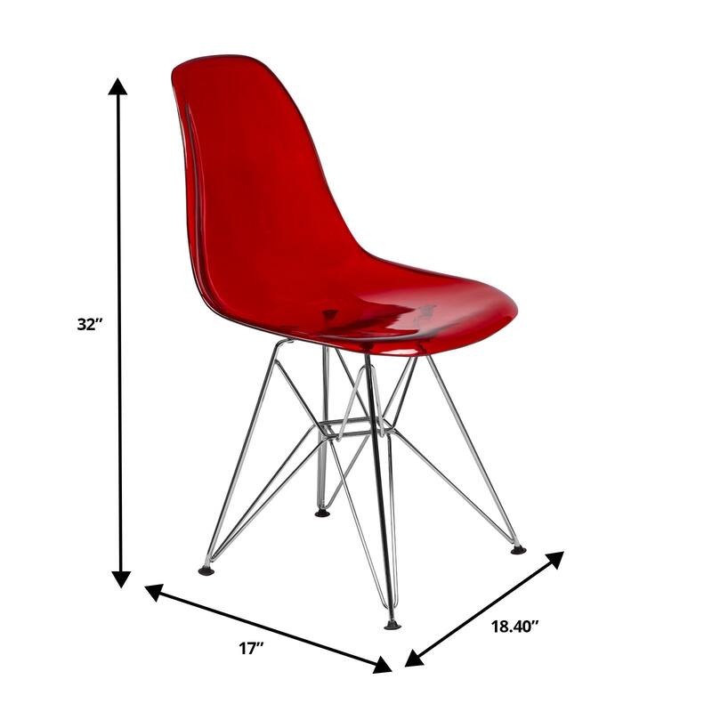 Cresco Collection Transparent Acrylic Chrome Eiffel Legs Set of 4 Modern Dining Chairs for Kitchen, Dining Room, and Home Office