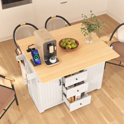 Large Kitchen Island with 2 Drop Leaf,Rolling Kitchen Cart on 5 Wheels with Power Outlet,Folding Storage Dining Table - N/A