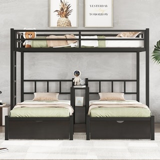 Full XL Over Twin & Twin Triple Bunk Bed With Drawers, Multi-Functional Metal Frame Bed With Desks and Shelves